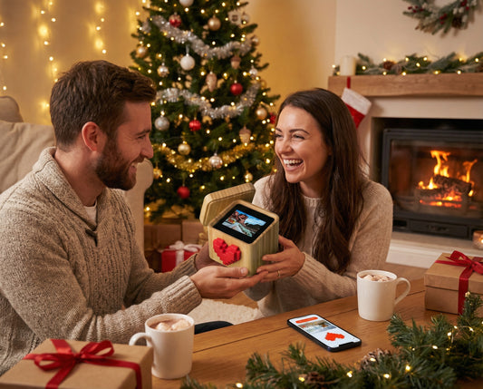 couple échangeant un cadeau de noël dans une ambiance chaleureuse