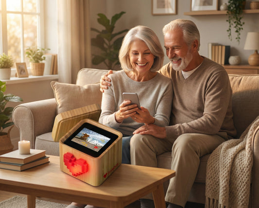 couple de grands-parents recevant un message sur une box connectée dans un salon chaleureux