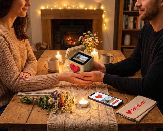 Couple échangeant une boîte connectée en bois comme cadeau de Saint Valentin