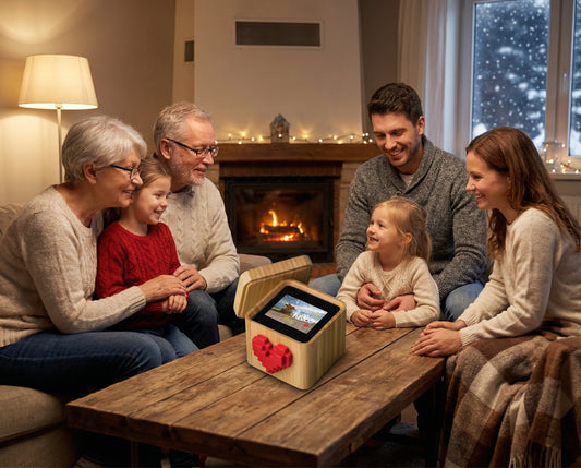 Famille recevant un cadeau connecté chaleureux à Noël, générations réunies et sourires